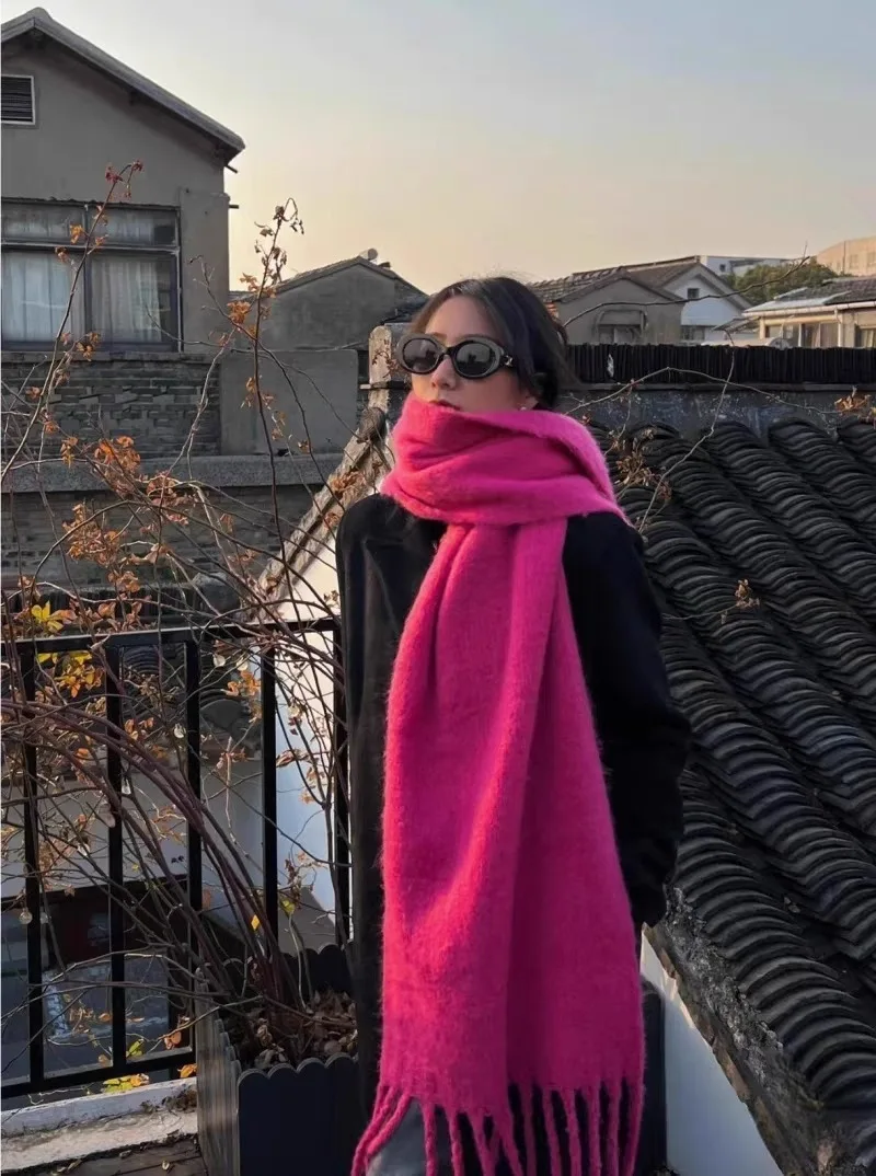 Winter Warm Woven Scarf Long Solid Color Women Thick Unisex Mohair Fabric Cashmere Warm Scarf With Tassel