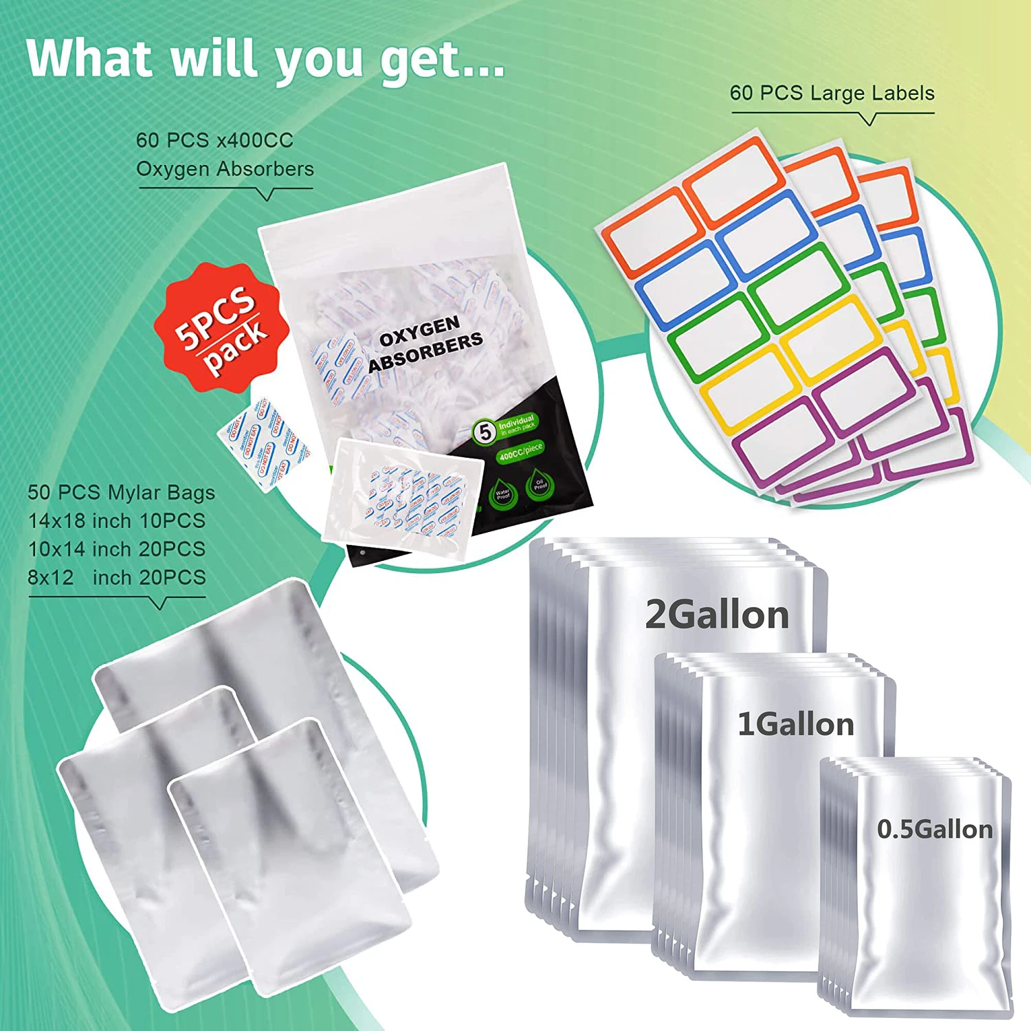 Reusable Mylar Bags with  Oxygen Absorbers for Food Storage Long Term 8.7 Mil Gallon Aluminum Foil custom printed