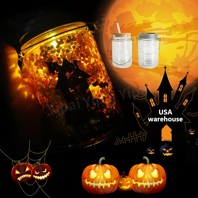 US warehouse Blank sublimation Waterproof 11oz Solar Lights mason jar  snow globe sublimation glowing elf can wind spinner