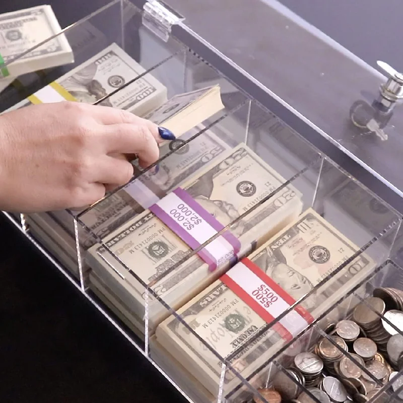 5 Compartment Acrylic Money Storage Box Locking Currency Tray Cash Organizer with Lockable Cover
