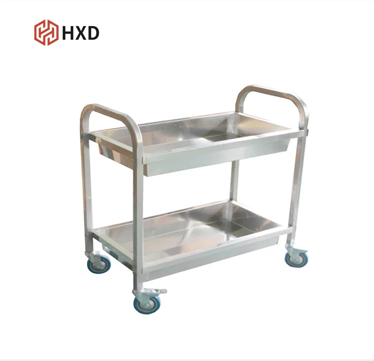 2  Layers Stainless Steel Hotel Kitchen Mobile Push cart working trolley 2-tier food trolley folding serving cart