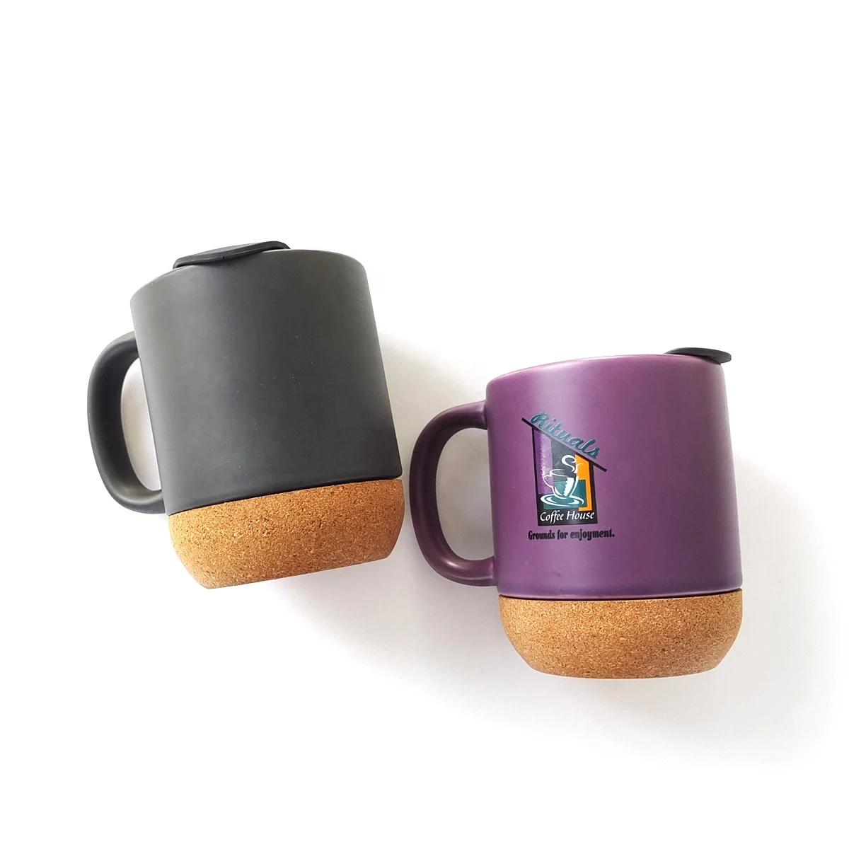 Manufacture Logo Printing 400ml Black Ceramic Coffee Mugs With Plastic Lid Cork Bottom
