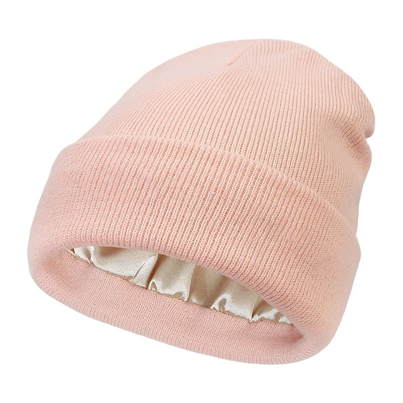 Wholesale New Design Adult Winter Warm Hats Lady Beanies Satin Lined for Women Men Knitted Satin Lined Beanies Hat for Daily Use