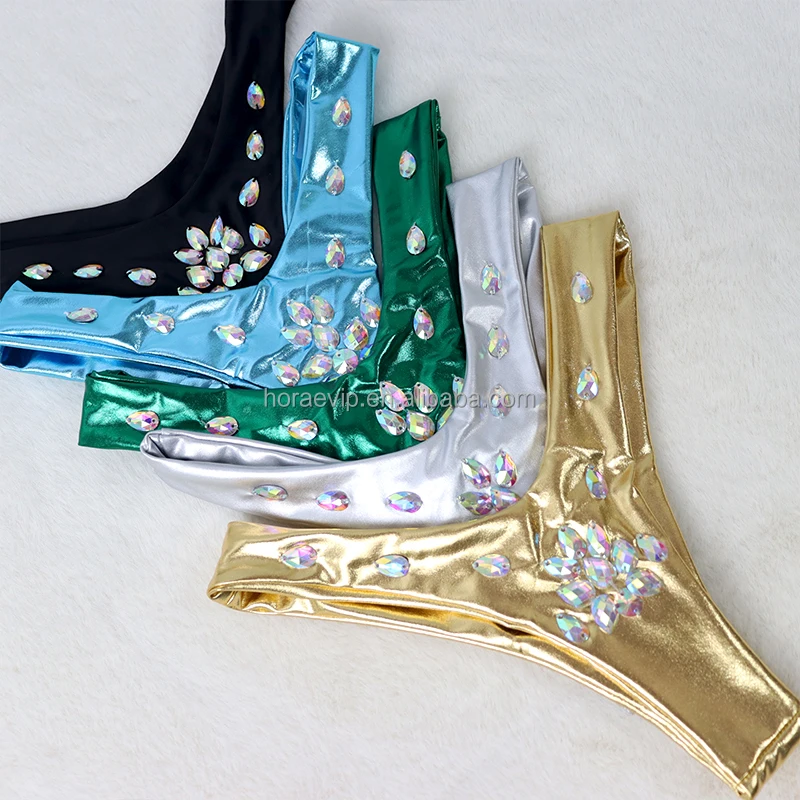 S614  Stripper Outfit Sexy Exotic Dancewear Leather 2 Piece Bikini Set Bling Hand Sew Rhinestone Gems for Carnival Costumes