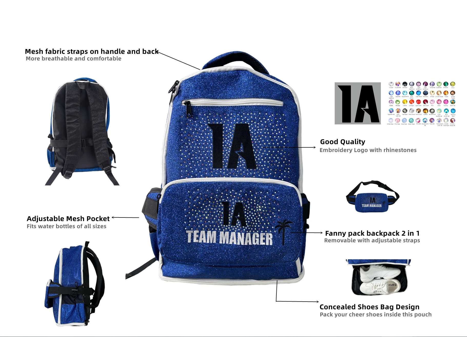 Ace Sports Glitter backpack custom fashion travel backpack for cheerleading girl team cheer glitter backpacks with rhinestones