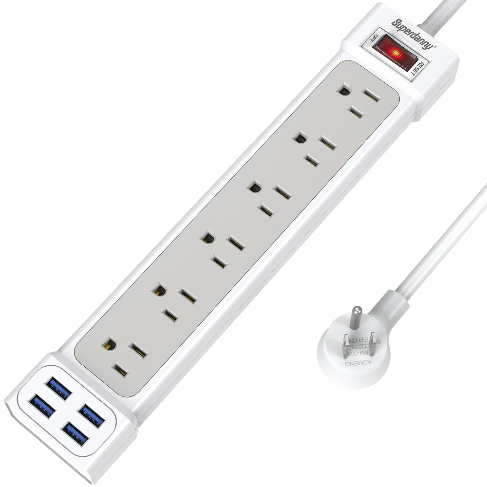 Durable white-gray double-ended strip sockets 6 AC power sockets 4 USB ports charging sockets