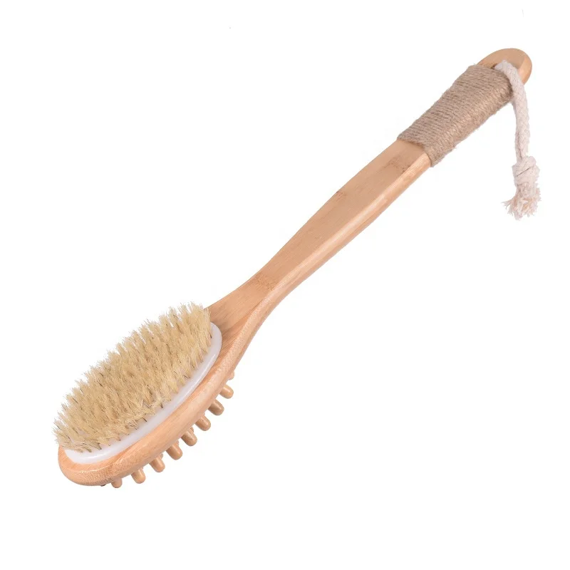 Fashion double sided natural dry skin body shower bath brush bamboo boar bristle bath brush wih long handle