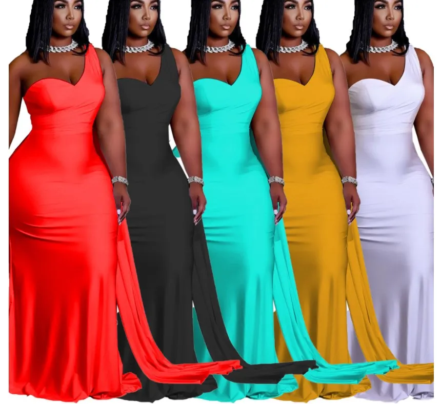 PQ8647 plus size women 3XL 4XL summer 5colors sleeveless one shoulder irregular maxi dresses