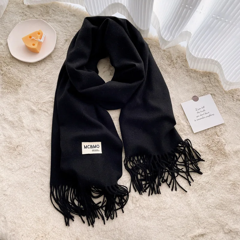 High Quality Solid Color Unisex Warm Knitted Imitation Cashmere Versatile Monochrome Shawl Tassels Scarf