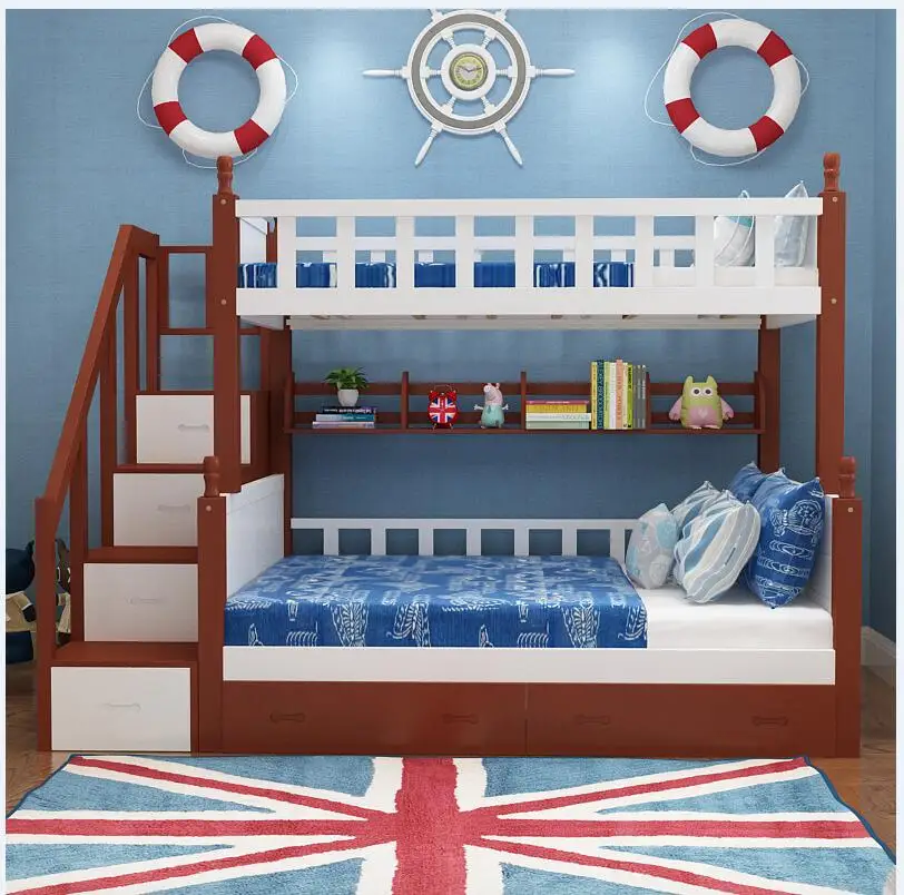 Cheap Prices Solid Wood Children Furniture Bunk Bed with Ladder and Bookshelf