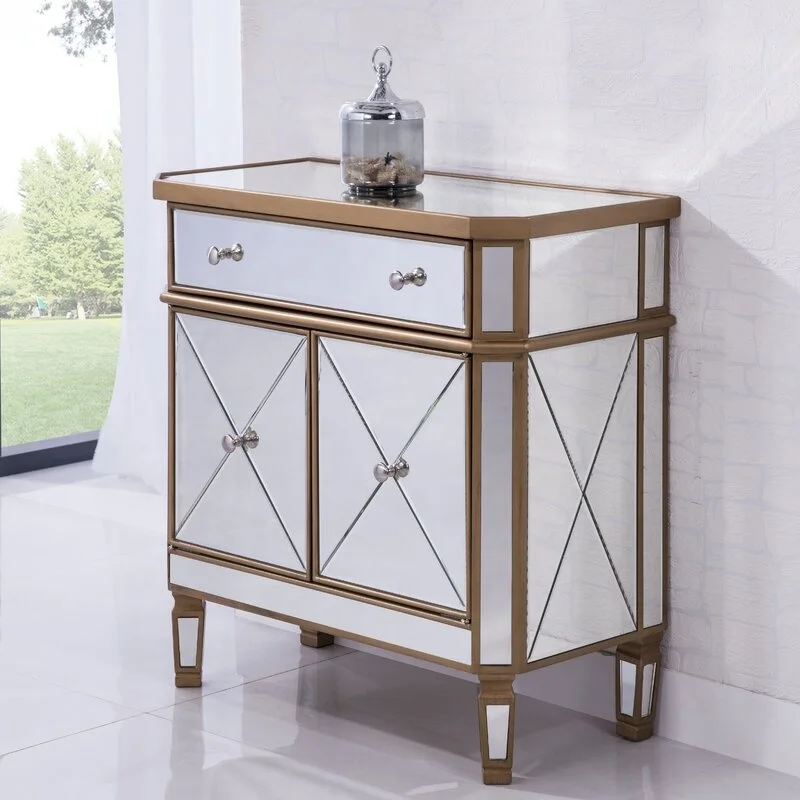 Mirrored Cabinet Mirrored Dresser Accent Chest Cabinet Large Nightstand with 1 Drawer and 2 Doors OEM manufacture