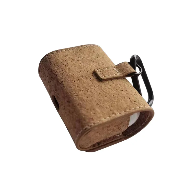 Natural Eco-friendly Cork Bluetooth Earphone Case for Airpods with Karabiner Portable Small Earbuds Carrying Case Storage Bag