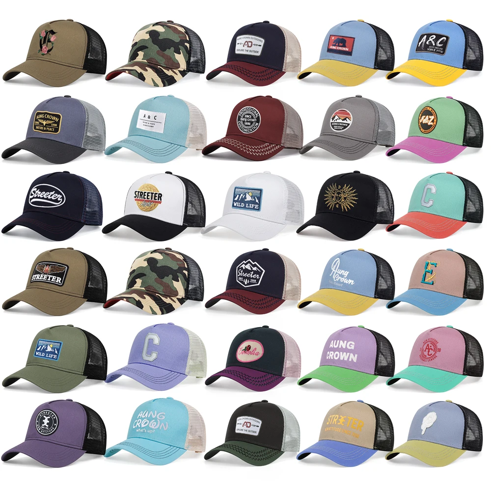 Hot Selling Brand Quality Custom Leather Patch Logo Pre Curved Brim Snap Back Gorras Mesh Baseball Sports Hat Trucker Caps