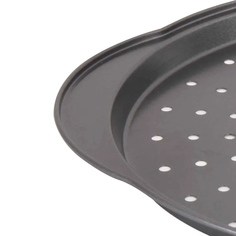 2 piece set of circular perforated style oven non-stick carbon steel baking tray pastry pie pizza tray