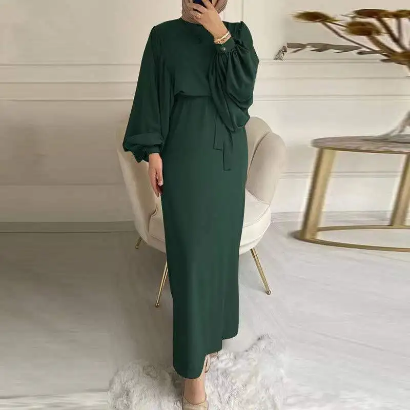 Fashion Solid Color Muslim Dress Dubai Turkey Casual Long Sleeves Dresses Women Islamic Robe Abaya Dress