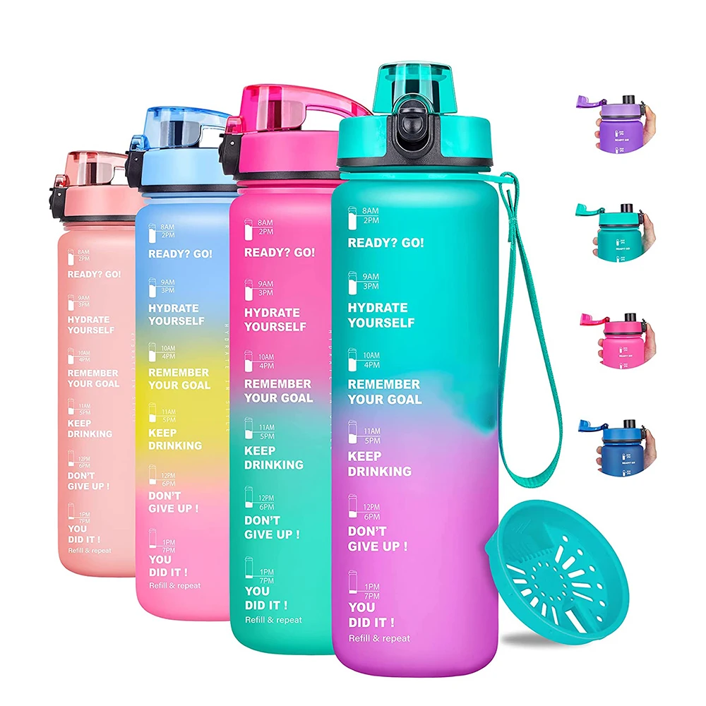 32oz Motivational Water Bottle with Times & Removable Strainer to drink, Reusable Leak-proof BPA Free Sports Water Jug to Remind