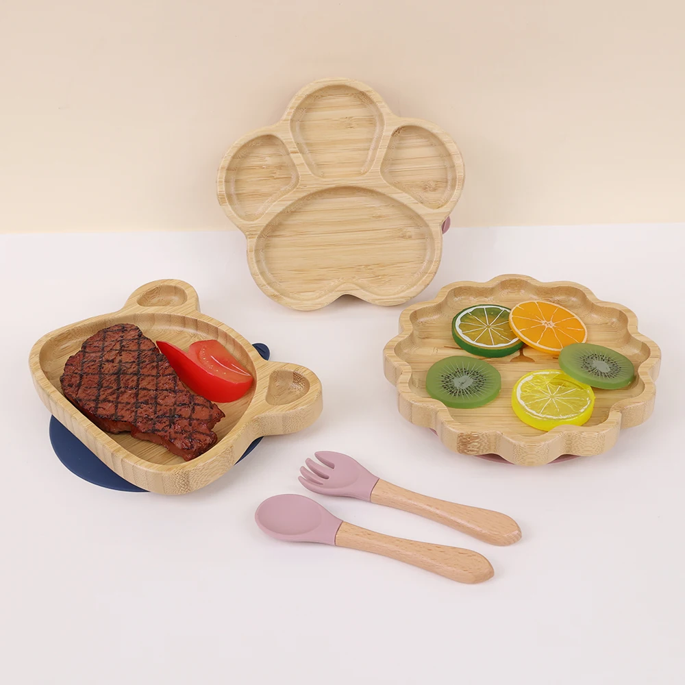 New Product Idea 2024 Cartoon Animal Bamboo Baby Suction Plate Bowl Set Wooden Plates Bowl Set for Kids Dinner Tableware