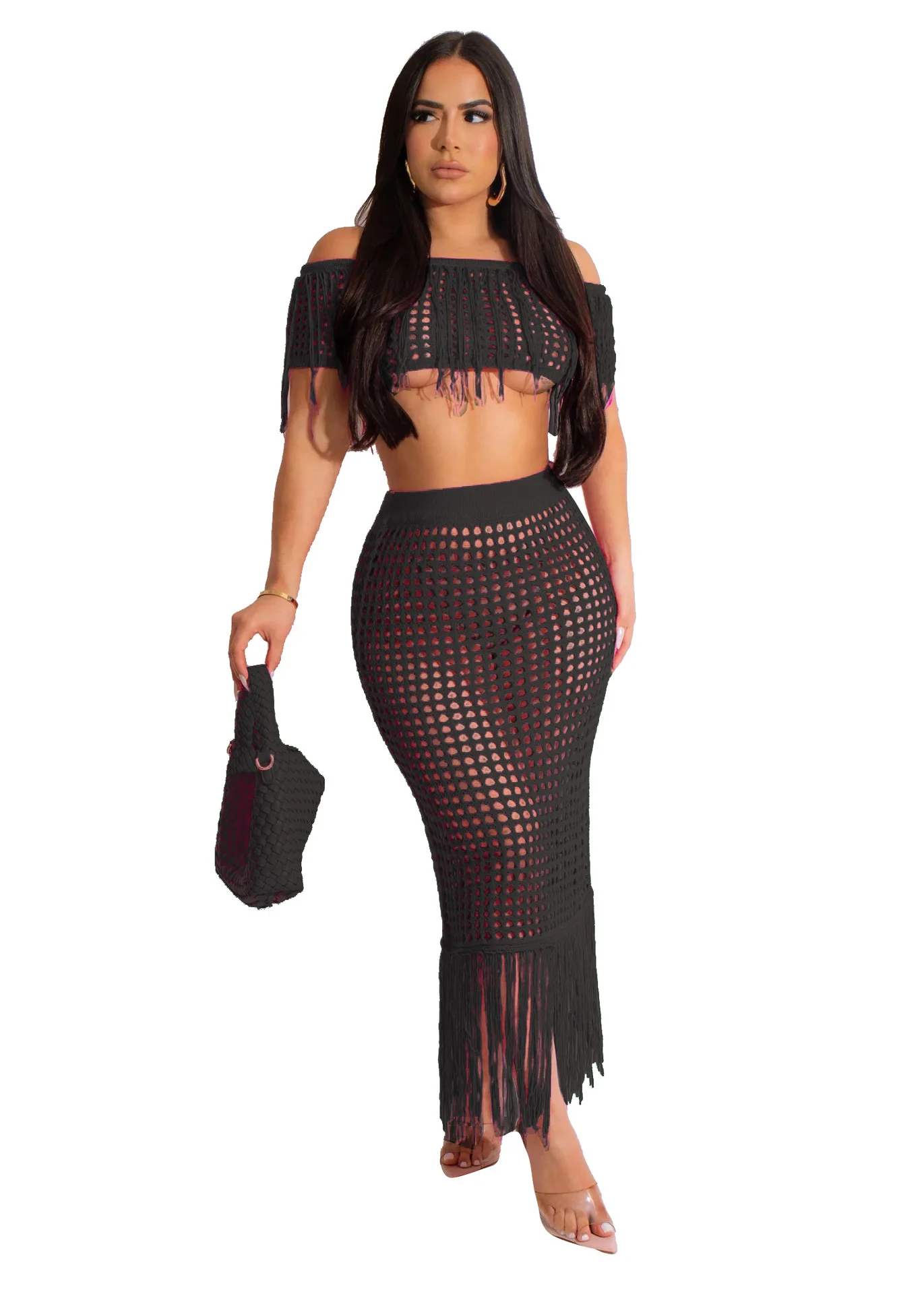 Tassel Skirt And Top Set For Women Casual Hollow Out Skirt Sets Women 2 Piece Outfits Two Piece Set Women Clothing