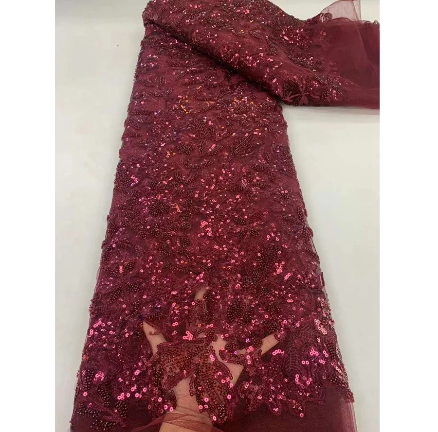 French Lace with Sequins  Beads African  Fabric Lace Wedding Dress High Quality Lace Fabric With Beads And Pearl