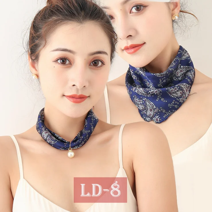 Silk Scarf Necklace Pearl Pendant Decorative Small Square Fashion Choker Collarbone Chain Magnetic Clasp Print Scarf