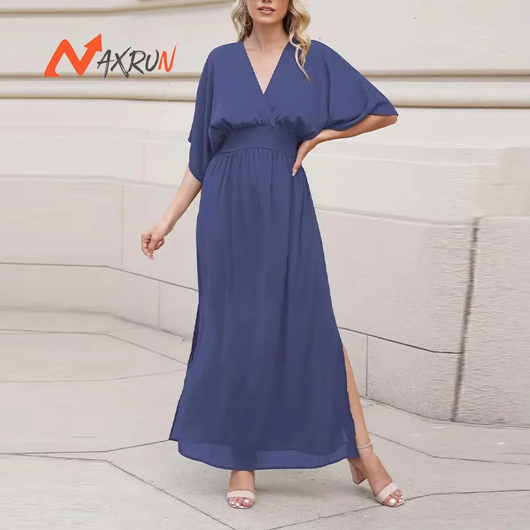 Factory wholesale fashion ladies girls dress custom design V-neck casual maxi party dresses women