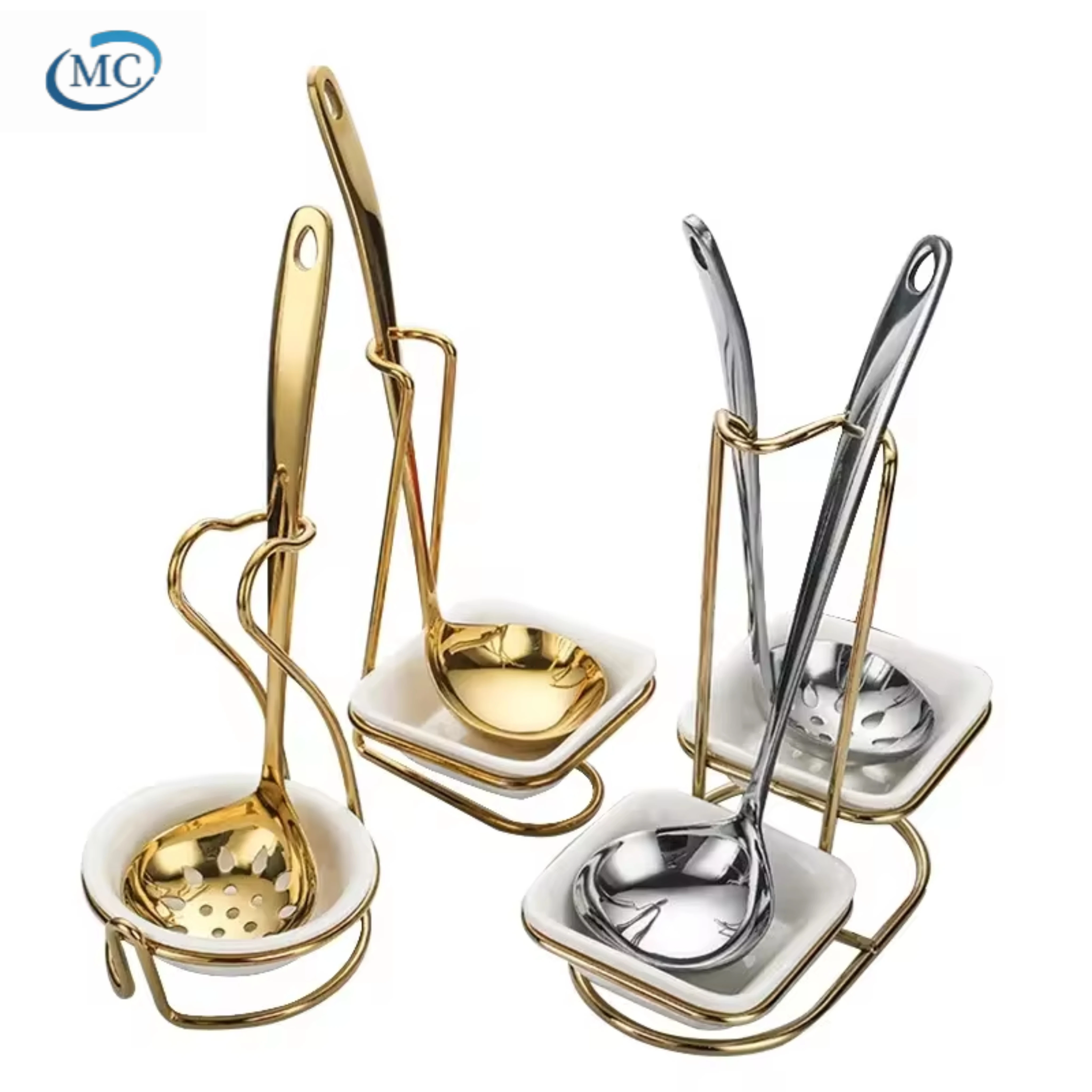 Catering Buffet Spoon Holder Set Stainless Steel Silver Gold Color Serving Kitchen Ladle Stand Rack Set
