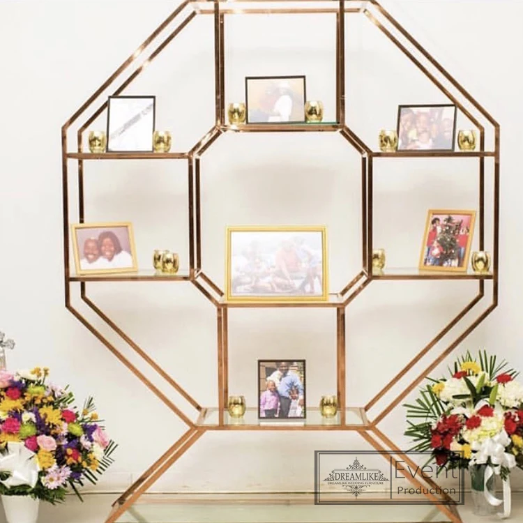 Octagon gold stainless steel frame wine glass rack shelf for wedding party