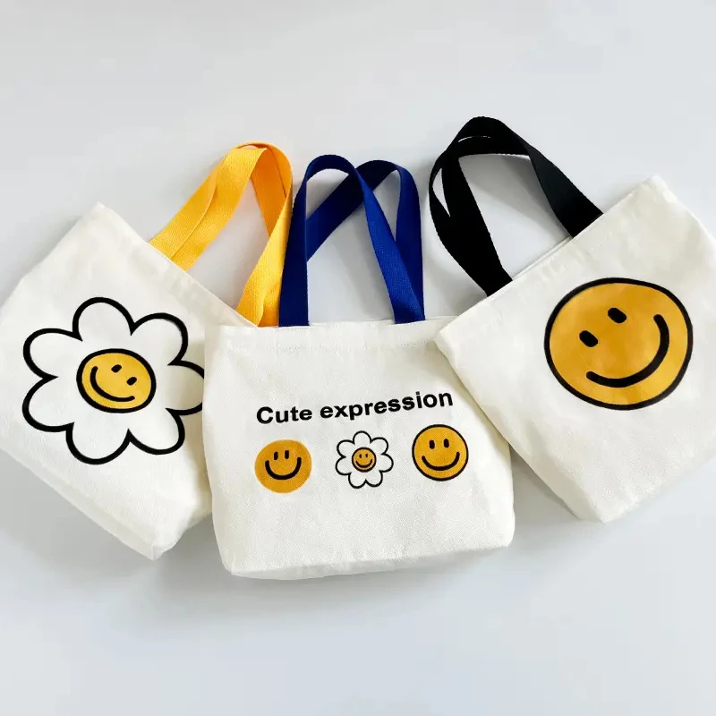 New Style Cute Korean Fashion Shopping Tote Bag Cotton Canvas Tote Bags with Custom Smile Pattern Printed Logo