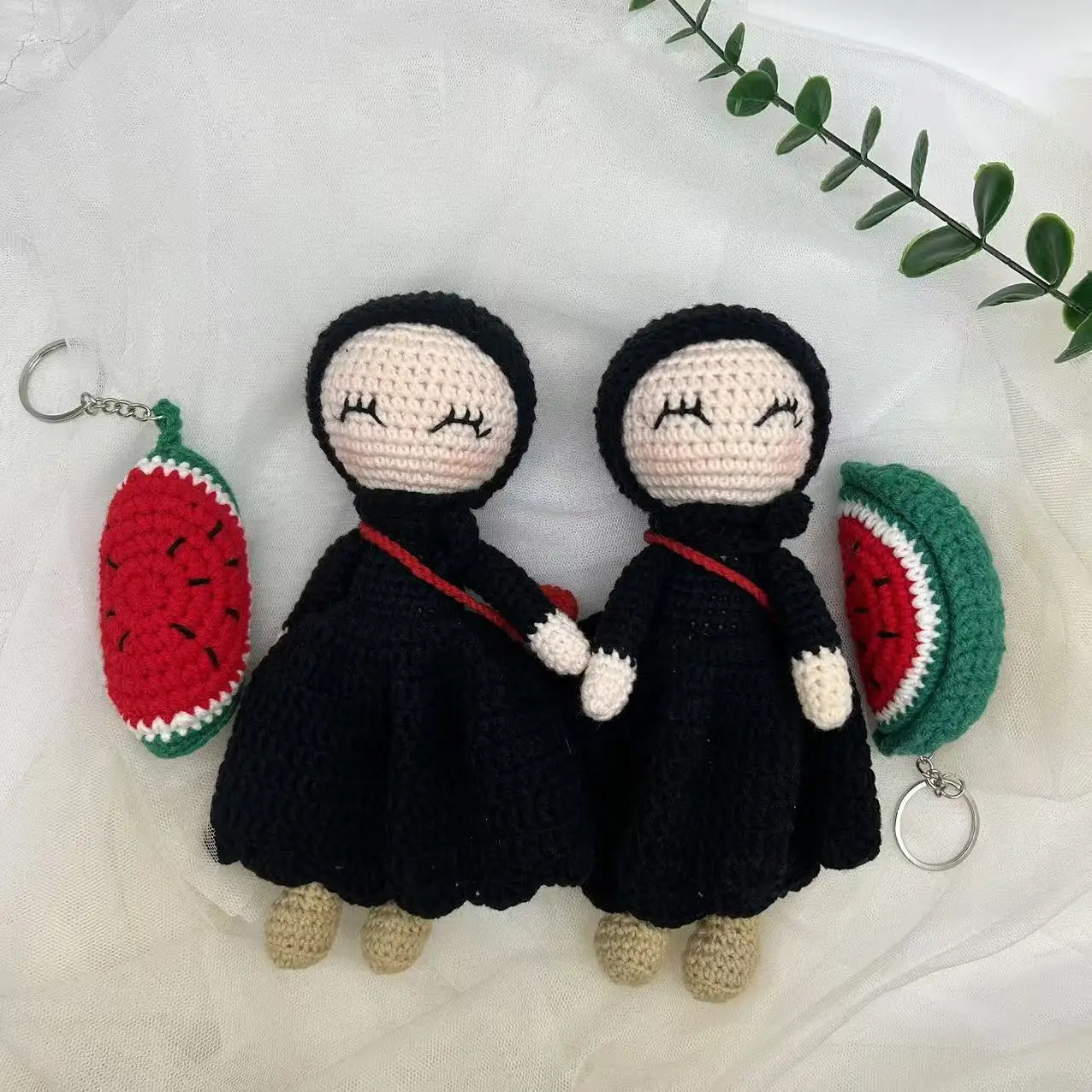 Hand Crochet Black Dress Muslim Dolls with Cute Watermelon Keychains Milk Cotton Material Black Hijab Dolls for Kids