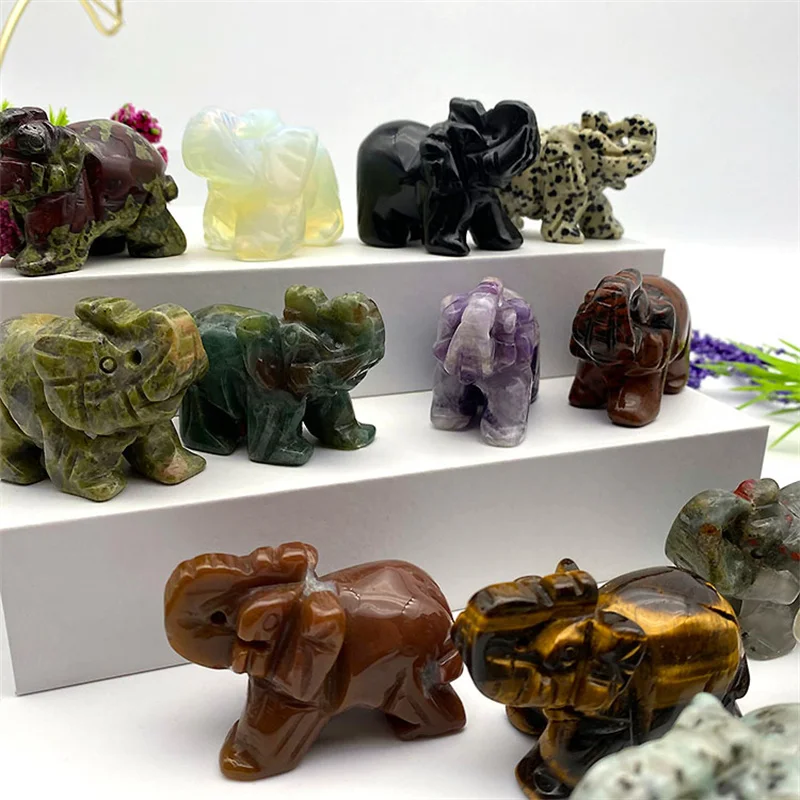 Natural Animal Stone Crystal Elephant Statue Figurine Carved Gemstone Elephant for Home Decoration Gift