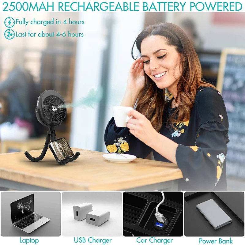 JMKSmart New Product  Portable 2500mAh USB Mist Spray Fan Mini Octopus Baby  Stroller Fan For Kids Bedroom