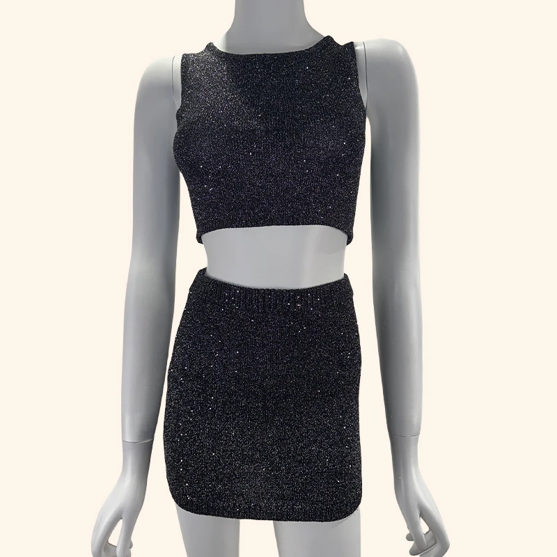 Slim fit knitwear for summer beachwear two piece set sequin vest and mini skirt set