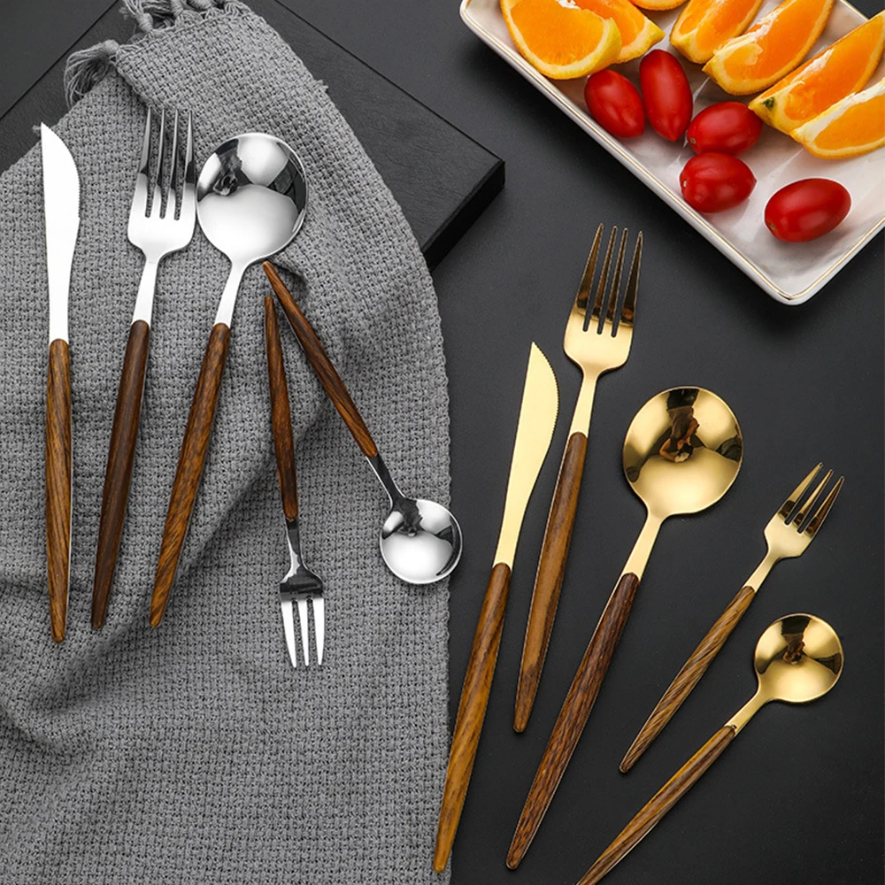 
2020 Western Tableware with Wooden Handle Metal Spoon Fork Knife Gold Silver Stainless Steel Travel Cutlery Set 