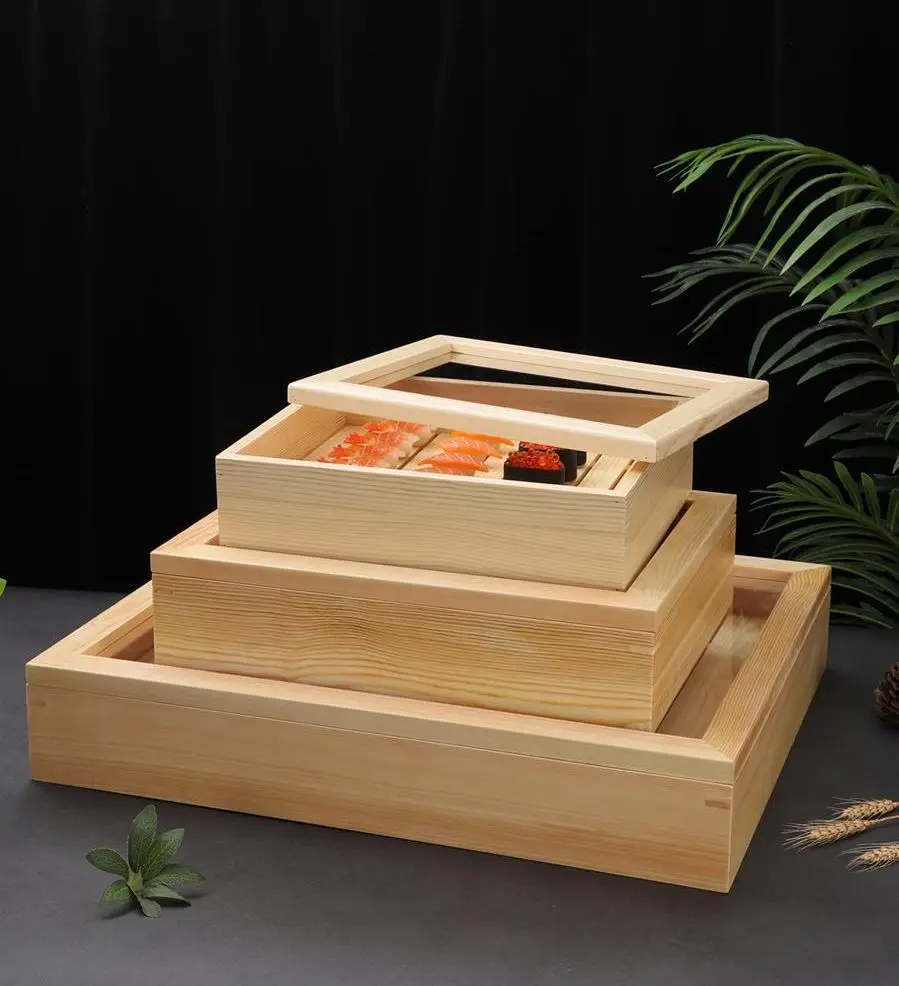 Wooden Food  Box Japanese Sashimi  Fresh-keeping  Wood Box Extra Large Food Store To Go Sushi Box Rectangular with lid