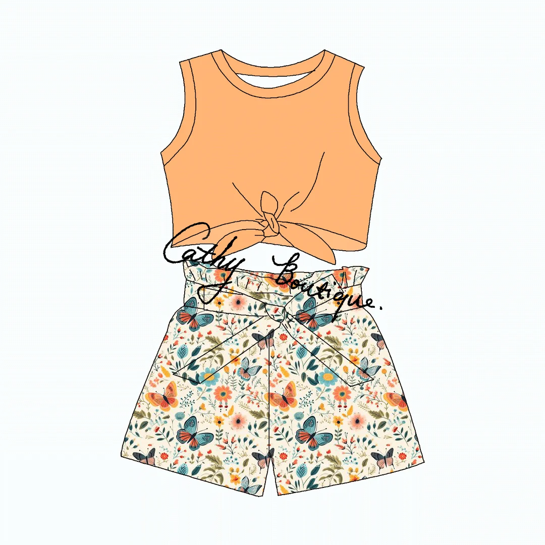 Customizable  western cow printing Kids Boutique tie crop top with shorts summer 2pcs  outfit
