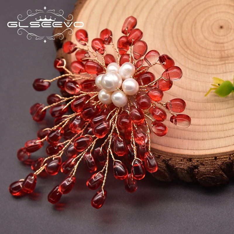 Handmade Red Crystal Gem Brooch Woman Wedding Gift Natural Freshwater Pearl Brooch Pin Jewelry
