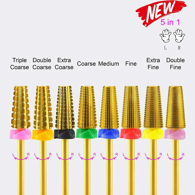 5 in 1 Multi-function 2 Rotate Direction Tapered Shape Straight Cut Tungsten Carbide Drill Bit for Nail Manicure Machine
