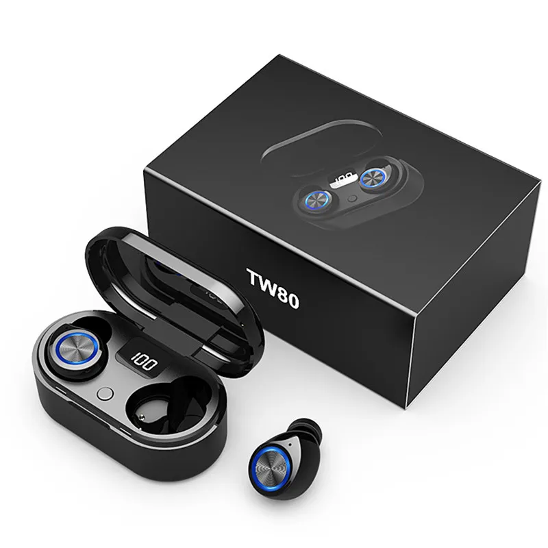 LED Power Display True Stereo Headset Sport Earphones TW80 Blue tooth Earbuds In-ear Headphone True Wireless Earphones TWS