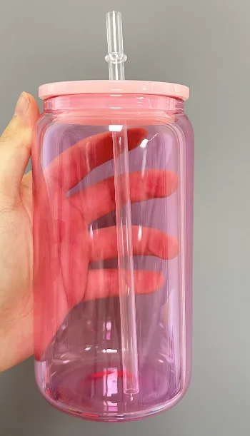 550ml Candy Colored Glass Mugs with Colored Plastic Lids and Straw - Clear Jelly Beer Glass Can