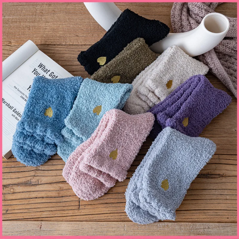 Wholesale Embroidery Logo Winter Keep Warm Thick Terry fuzzy Coral Bed Sock floor sleeping socks Women Girl Soft Crew Socks