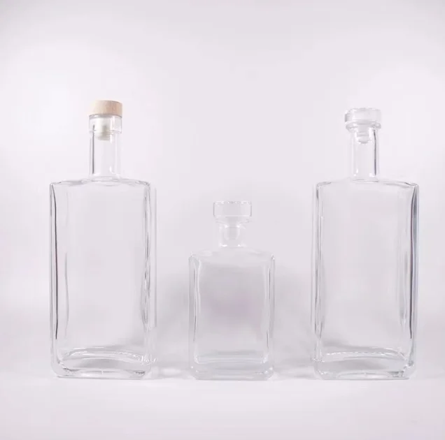 Hot sale empty rectangle 500ml gin spirit glass bottle custom decal 700ml 750ml whiskey liquor glass bottle with cork stopper