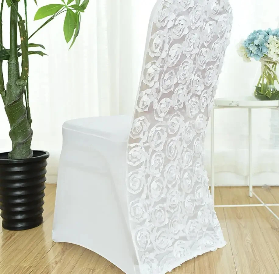 Factory Price Banquet Chair Cover Blue Pleated Skirt Rosette Back Chair Slipcover for Dining Room