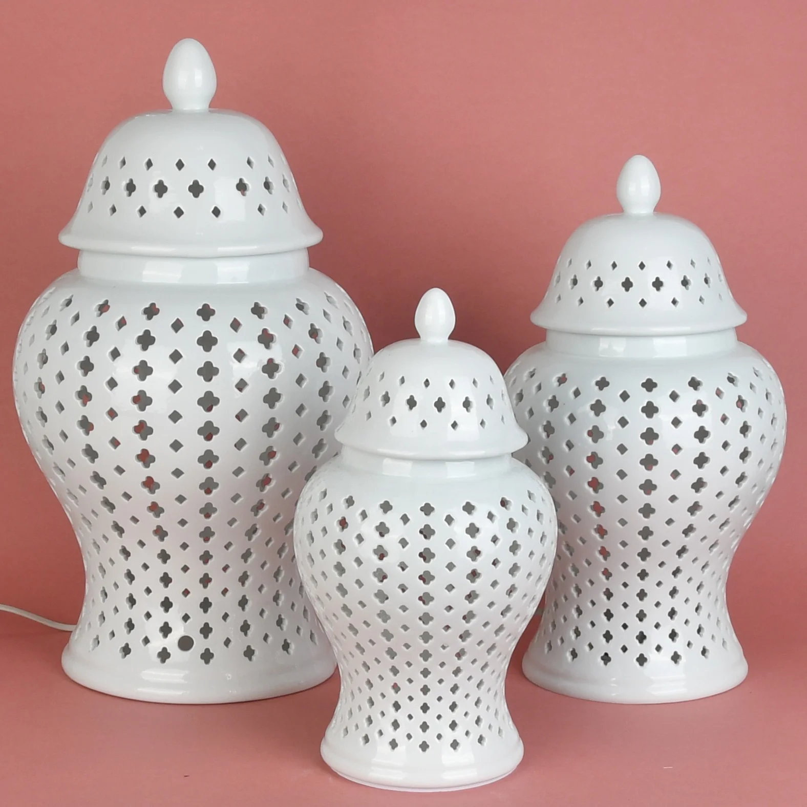 Carved Lattice Decorative Porcelain Temple Jar  Traditional Pierced Ginger Jar with Lid Cut Out Ceramic Vases for Home Decor