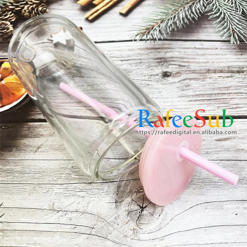 USA Warehouse 16oz 16 oz Pre-drilled Hole Double Wall Blank Sublimation Snow Globe Snowglobe Glass Beer Can with Color Lid Straw