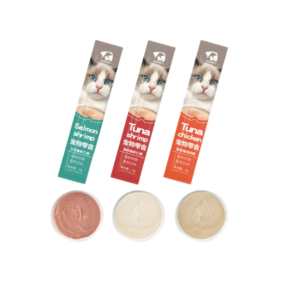 Factory sale 15g salmon tuna chicken nutritional liquid strips pet snacks treats wet cats food