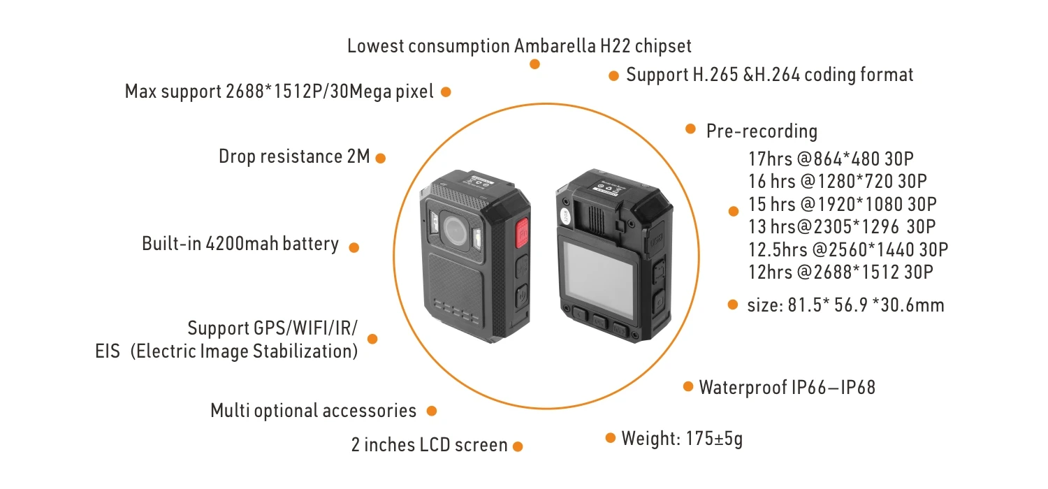 Eeyelog IR Night Vision 4200mah, 17hours of recording Body Worn Camera with WiFi Eis Ambarella H22 Chipset
