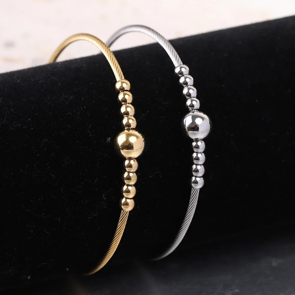 Fashion Bead Cuff Bracelet Stainless Steel 18K Gold-plated Ball Bracelet Adjustable Size Women Bracelet
