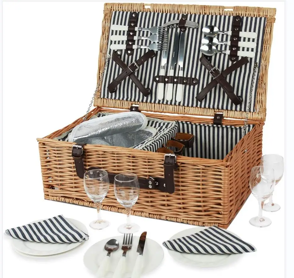 Best Premium Handmade Natural Rattan Wicker Set Picnic Basket Pillow Mat Travel Useful Basket Set Camping Storage Food