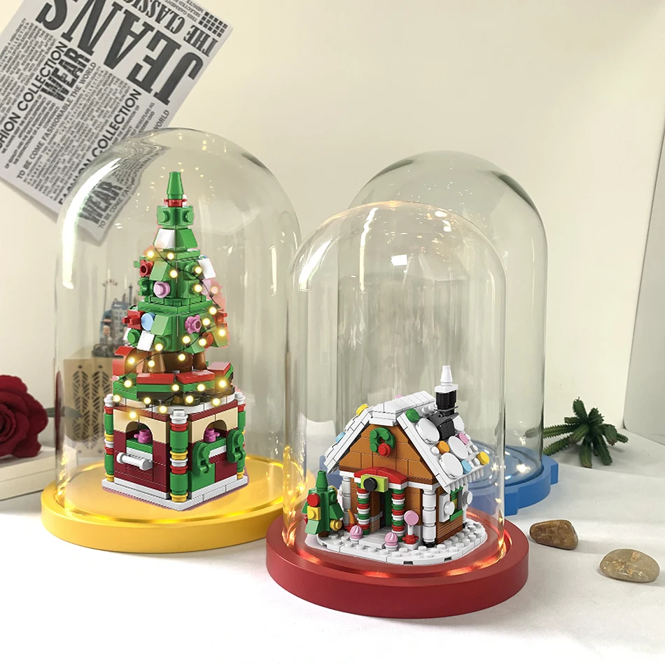 wholesale high quality transparent large decorative jewelry flower christmas led wooden base cloche bell glass display dome