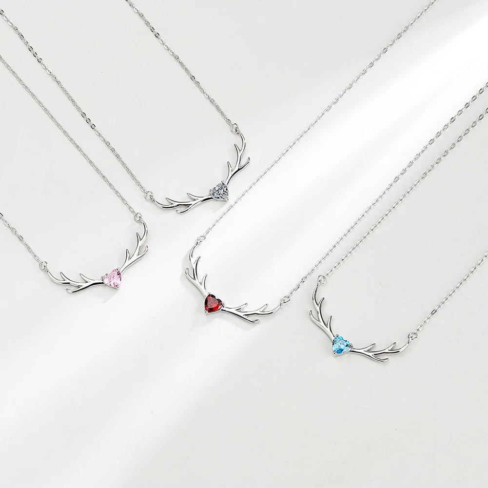 RINNTIN HON11 Sterling Silver Elk Antler Necklace Blue Zirconia Stone Rhodium Plated Christmas Necklace Jewelry